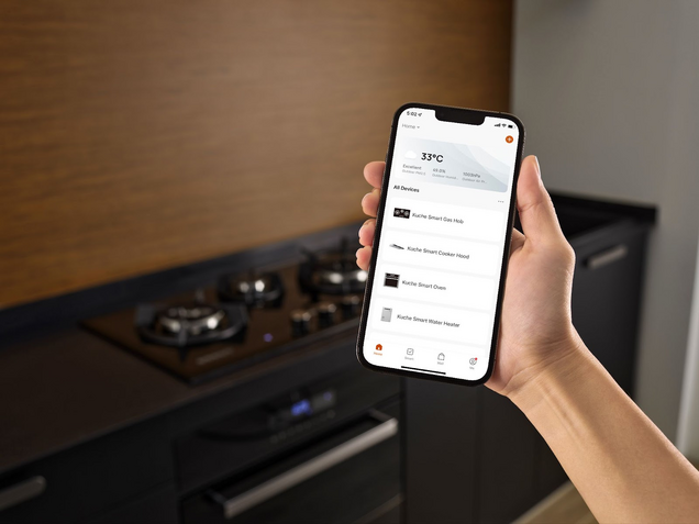 Photo 1.ku che's green and smart kitchen solutions are fully interoperable and can be controlled remotely through an iappliances smartphone app.