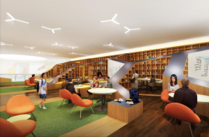 Artist's impression of the library, which provides students ample spaces for discussions in between classes, or for self-study.