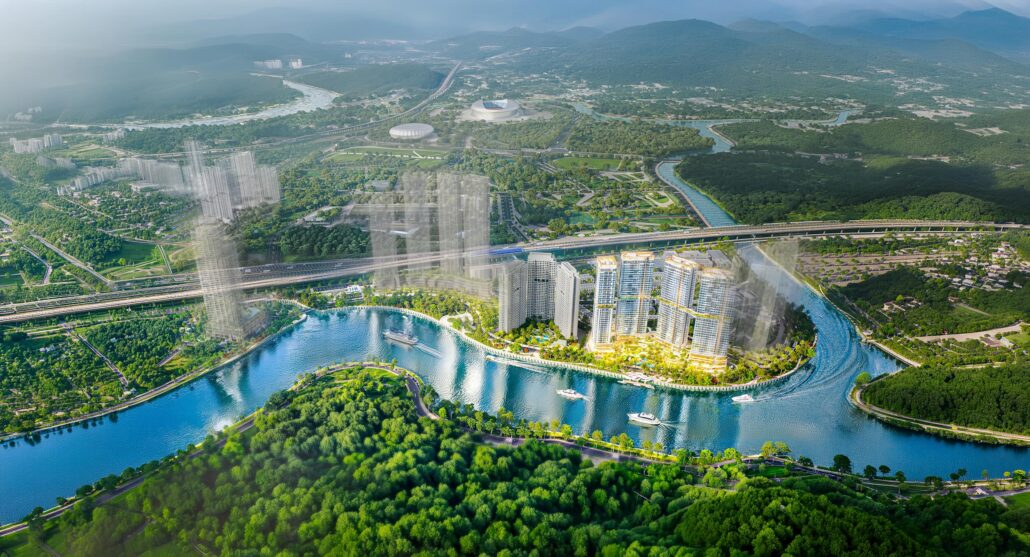 Artist’s impression of Palm City riverside apartment precinct. 